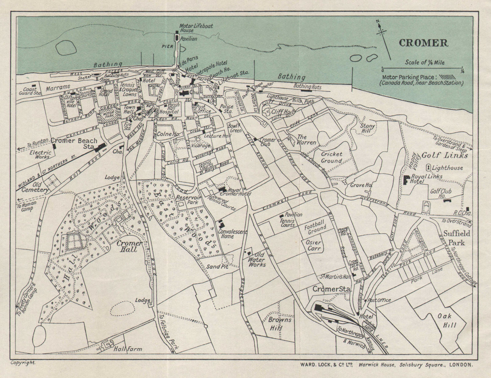 CROMER vintage tourist town city resort plan. Norfolk. WARD LOCK 1931 old map