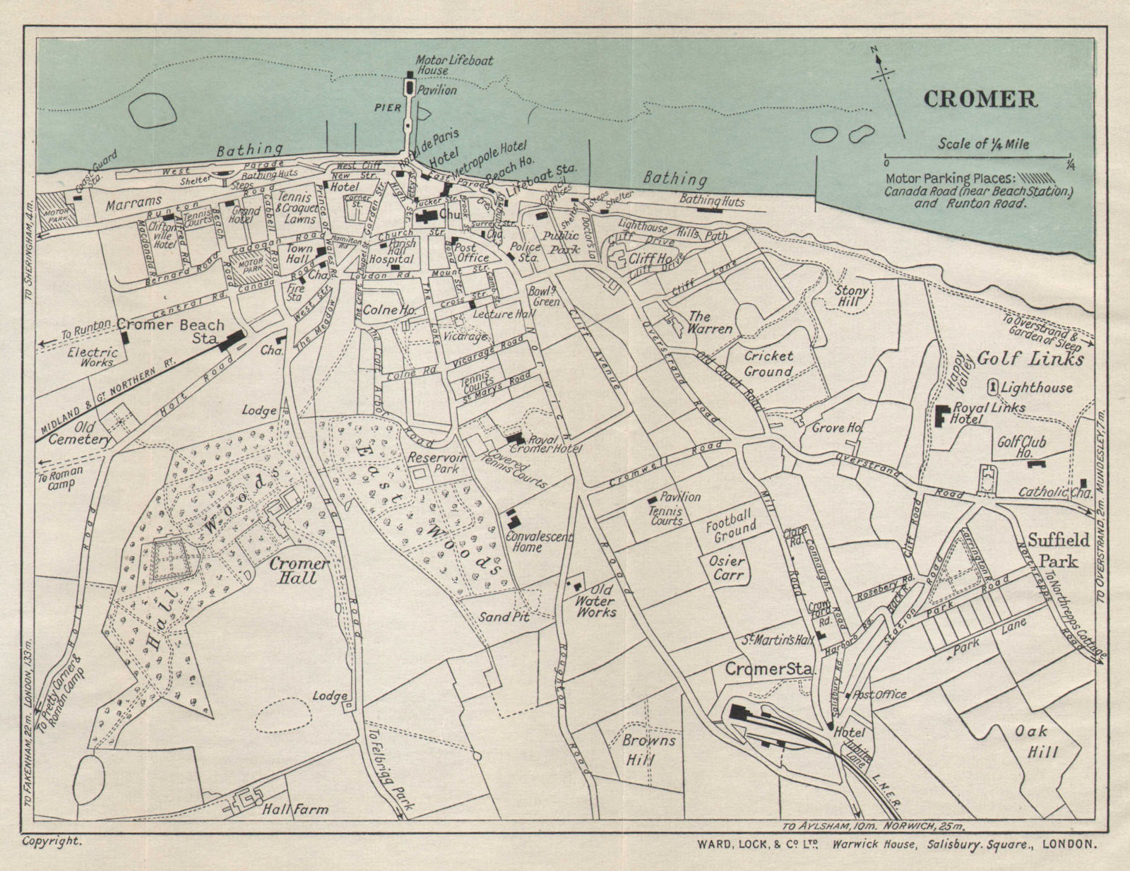 CROMER vintage tourist town city resort plan. Norfolk. WARD LOCK 1937 old map