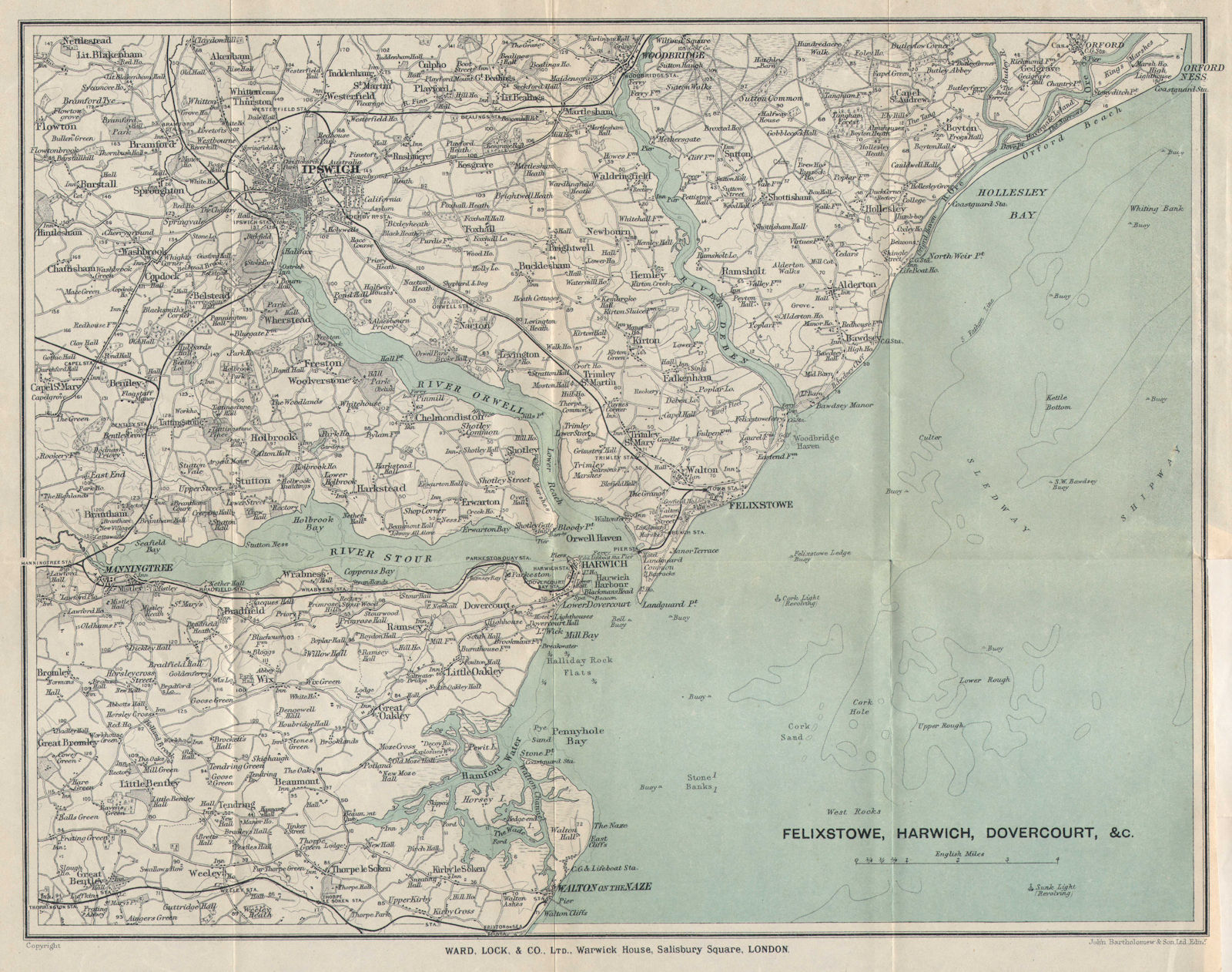 ESSEX/SUFFOLK COAST. Stour Orwell Felixstowe Ipswich Harwich. WARD LOCK 1927 map