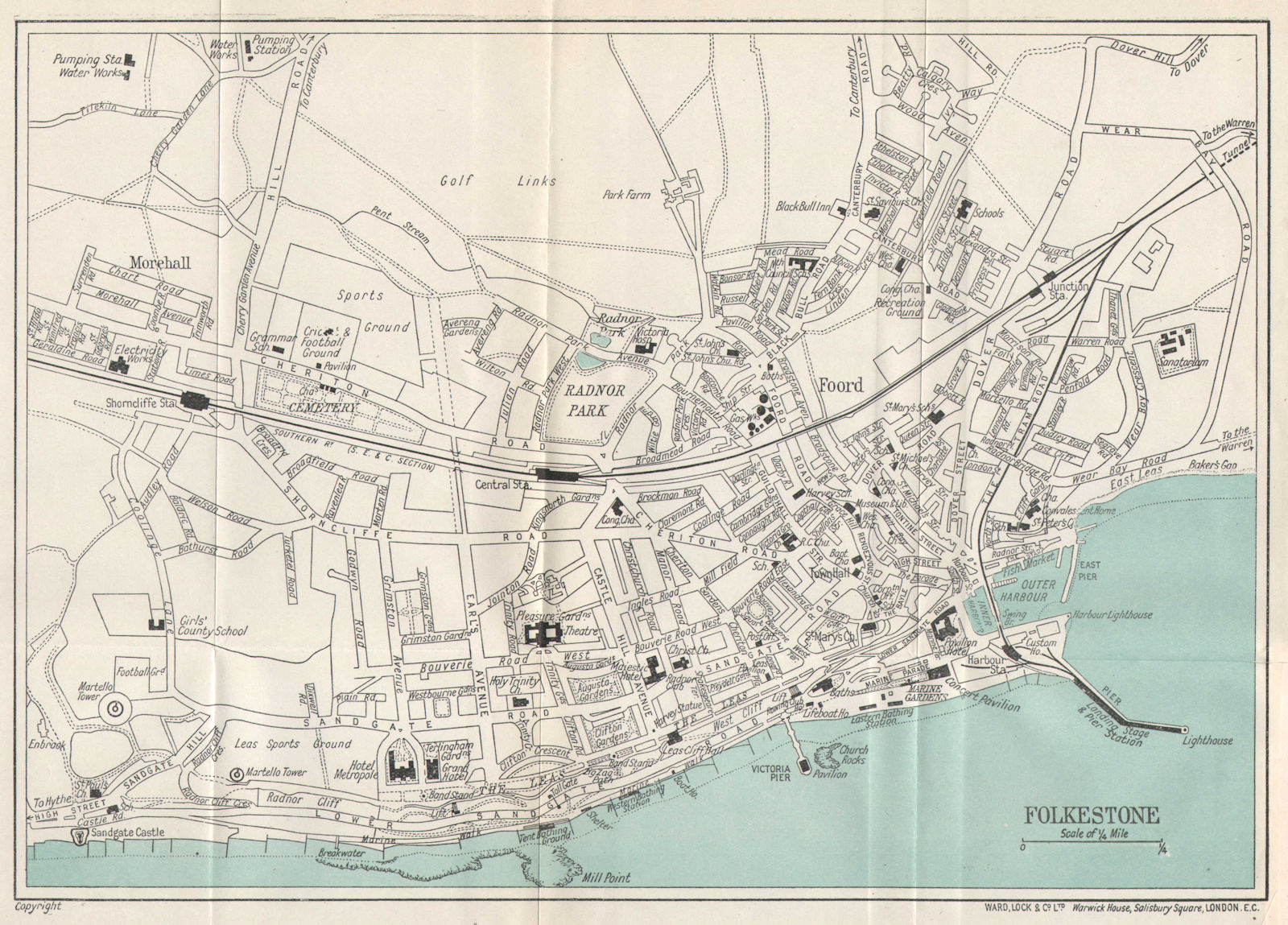 FOLKESTONE vintage tourist town city plan. Kent. WARD LOCK 1928 old map