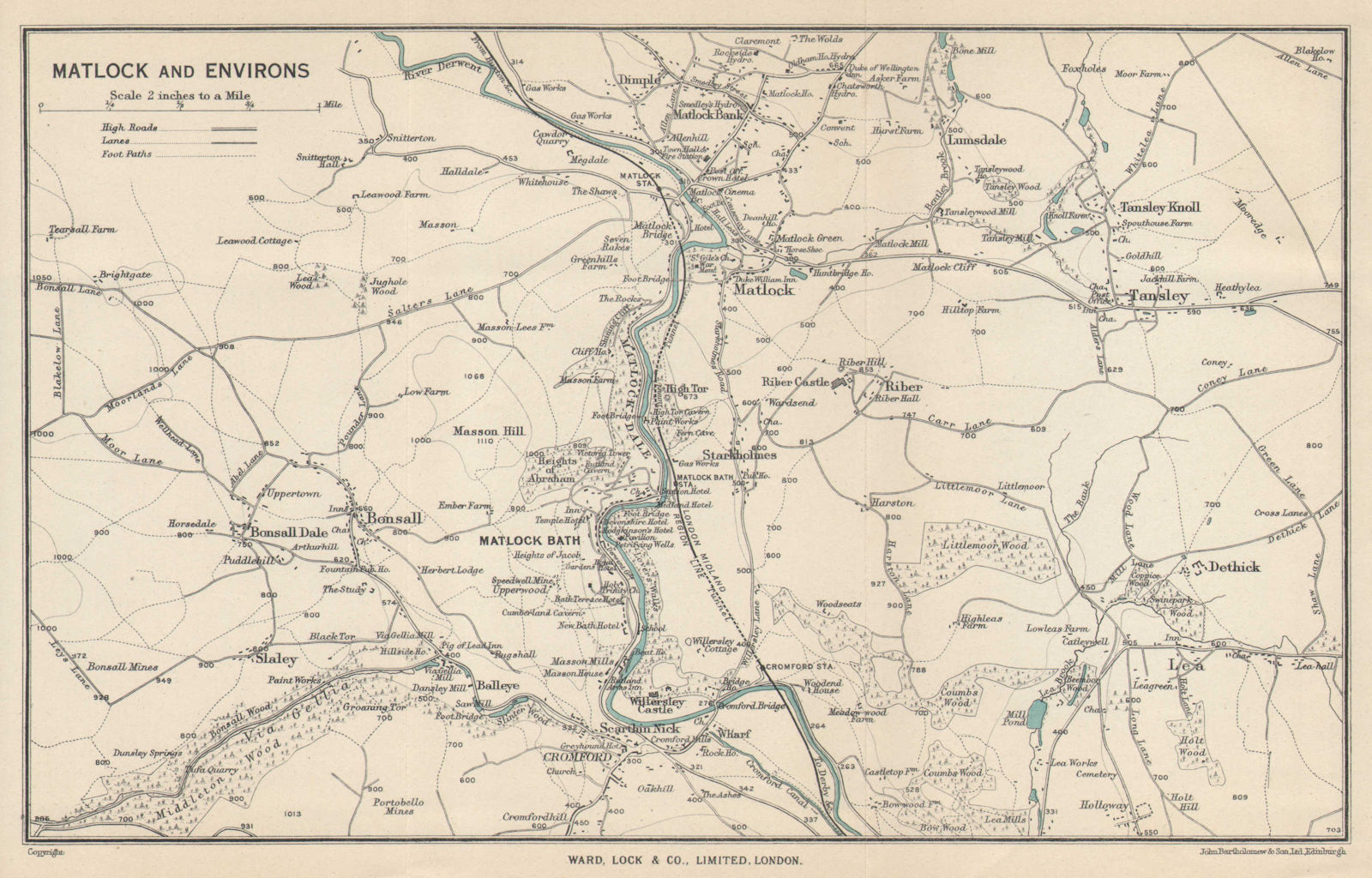 MATLOCK environs vintage tourist map Bath Cromford Derbyshire WARD LOCK 1950
