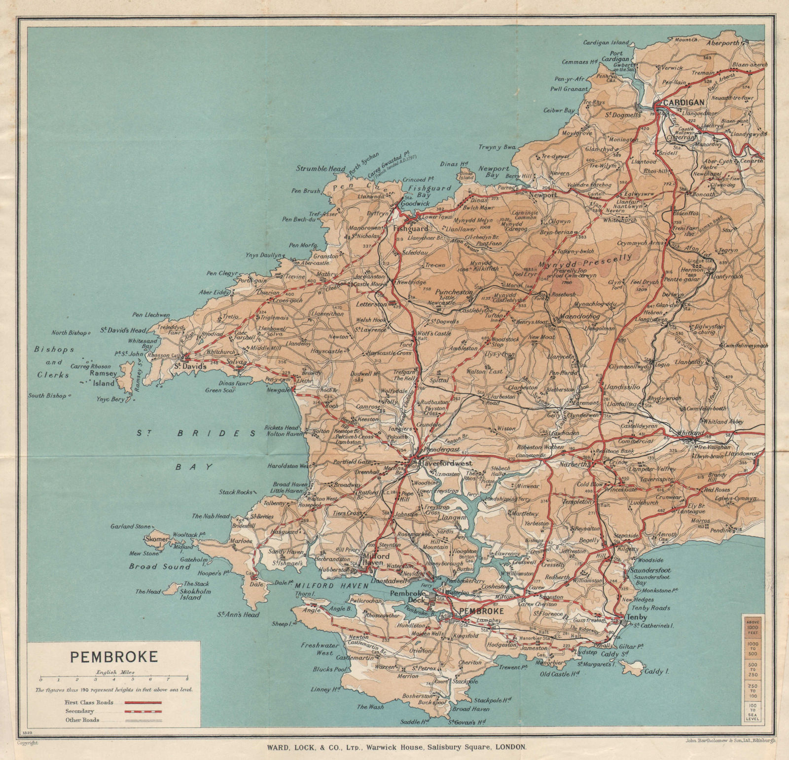PEMBROKESHIRE. Cardigan Pembroke Tenby St David's. Wales. WARD LOCK 1938 map