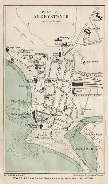 ABERYSTWYTH vintage tourist town city plan. Wales. WARD LOCK 1906 old map