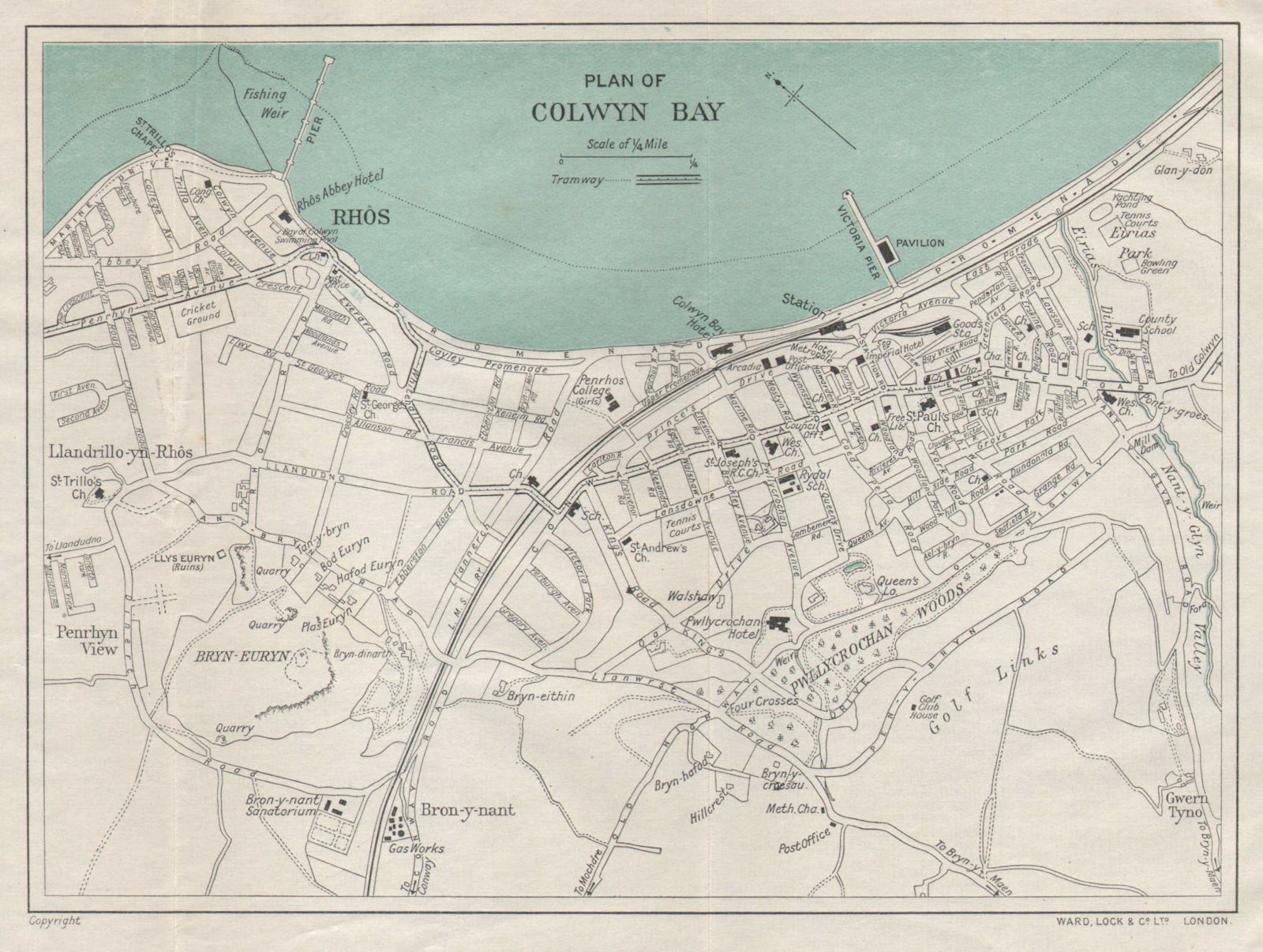 COLWYN BAY vintage tourist town city resort plan. Wales. WARD LOCK 1938 map