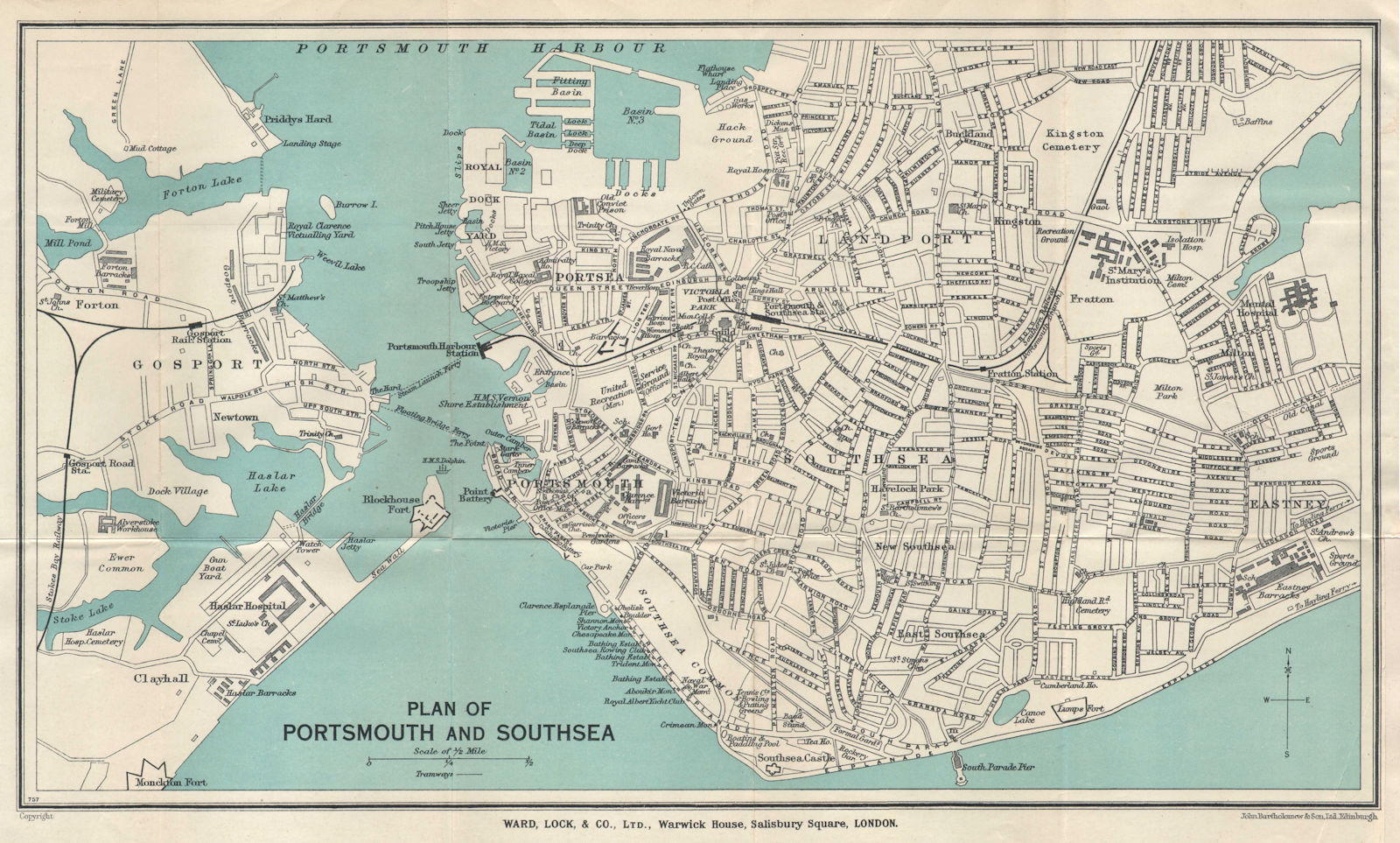 PORTSMOUTH vintage tourist town city plan. Southsea Gosport. WARD LOCK 1935 map