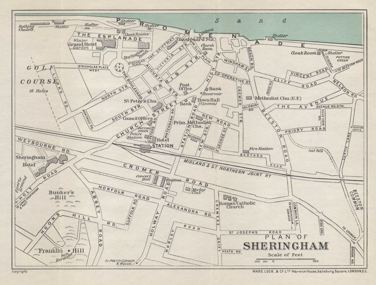 SHERINGHAM vintage tourist town city plan. Norfolk. WARD LOCK 1937 old map