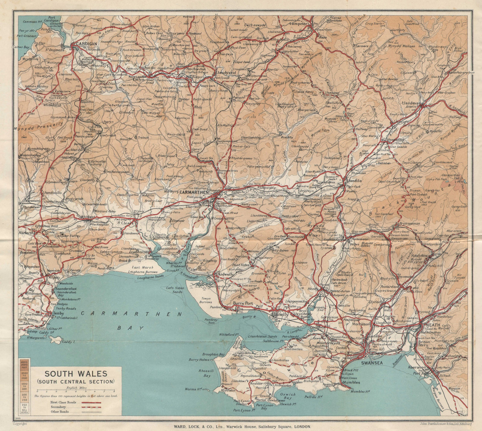SOUTH WALES Cardigan Swansea Neath Carmarthen Llanelli Tenby. WARD LOCK 1938 map