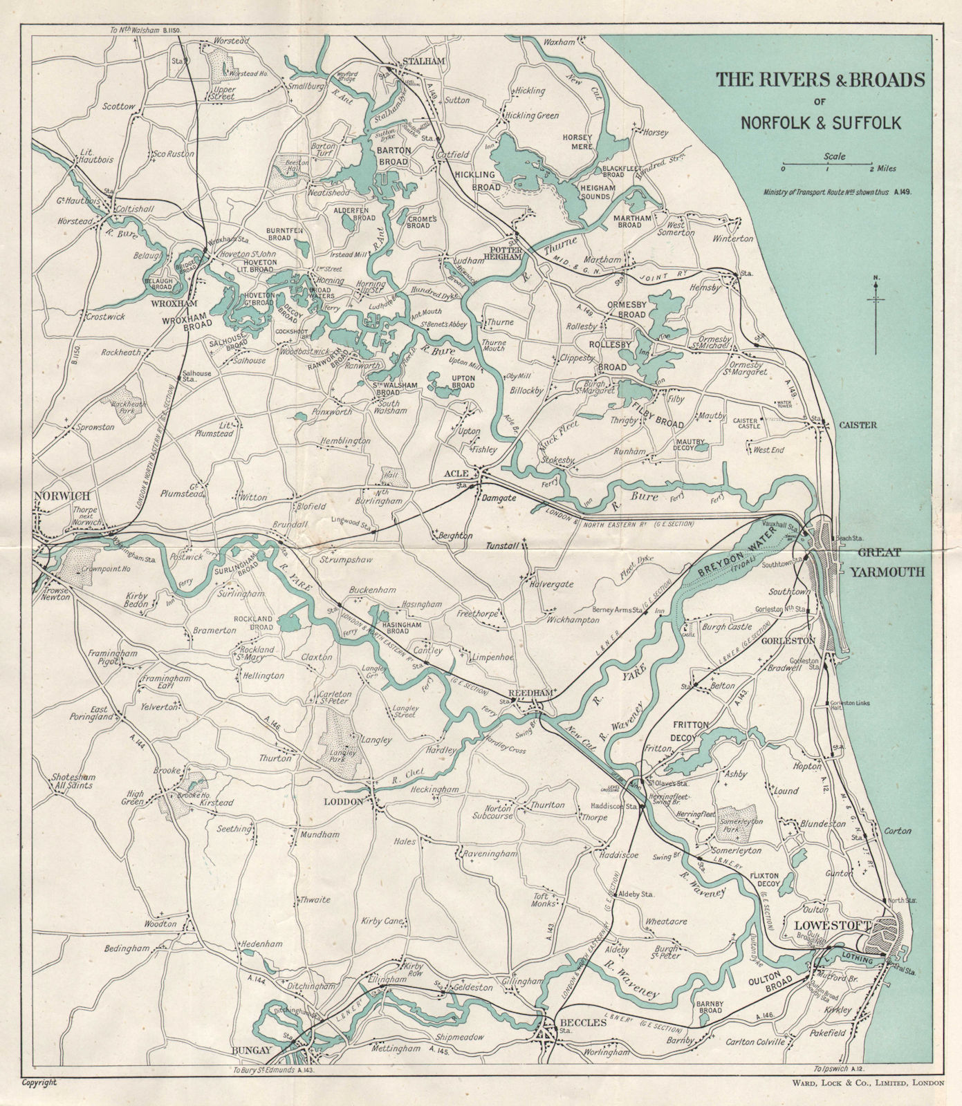 THE NORFOLK BROADS. Great Yarmouth Lowestoft Beccles Norwich. WARD LOCK 1946 map