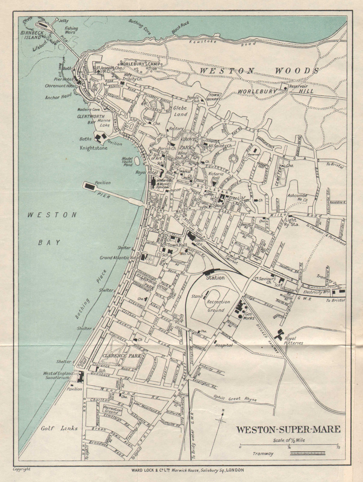 WESTON-SUPER-MARE vintage tourist town city plan. Somerset. WARD LOCK 1928 map
