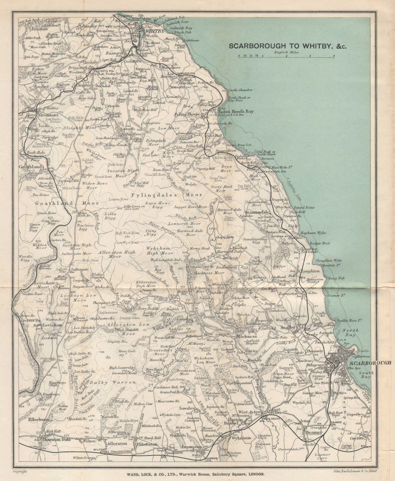 Map Of Scarborough Coast North Yorkshire Coast & Moors. Whitby Scarborough. Ward Lock 1905 Old Map