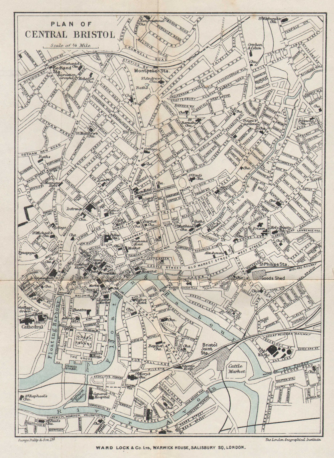 CENTRAL BRISTOL vintage town/city plan. Redcliffe Redland. WARD LOCK 1904 map