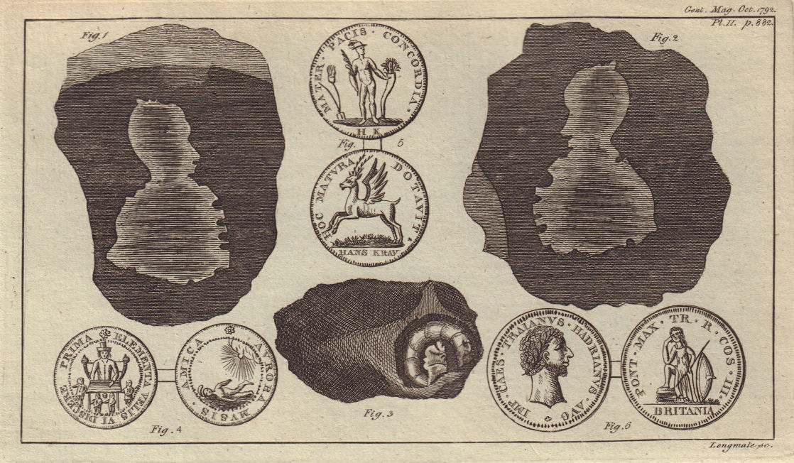 Flintstone fossil caterpillar. Counter Roman brass & Nuremberg coin Hadrian 1792