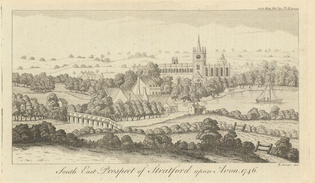 South East prospect of Stratford upon Avon in 1746. Warwickshire 1792 print