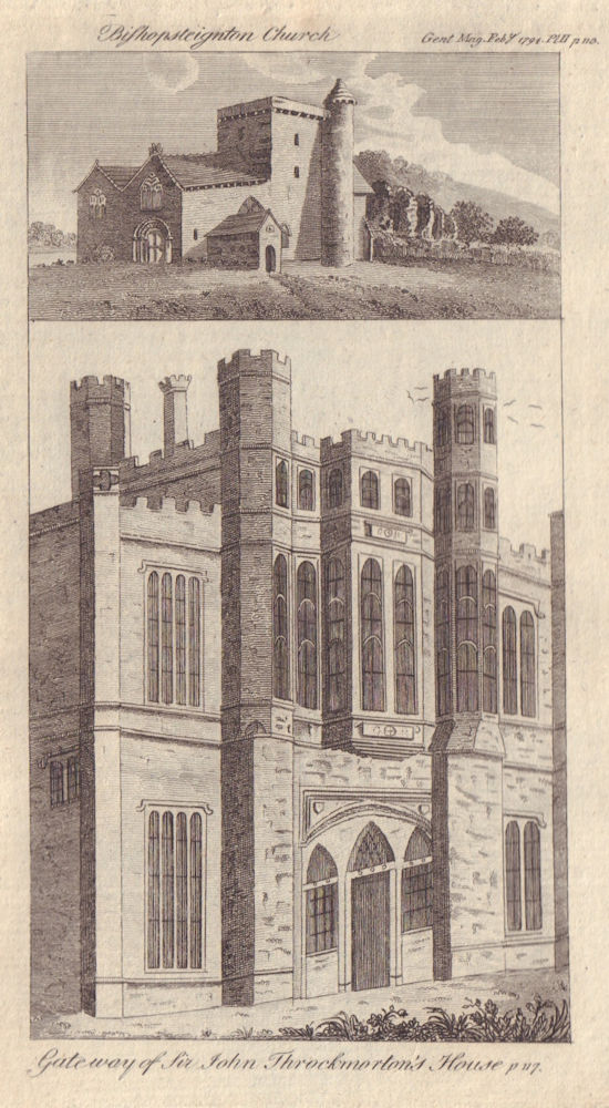 St John Church Bishopsteignton Devon. Coughton Court, Warwickshire 1794 print
