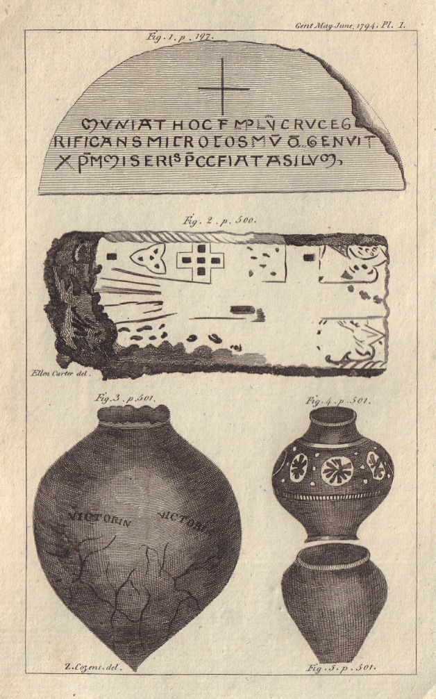 Monumental stone from Lincoln. Three Roman urns found at Wickhambreaux Kent 1794