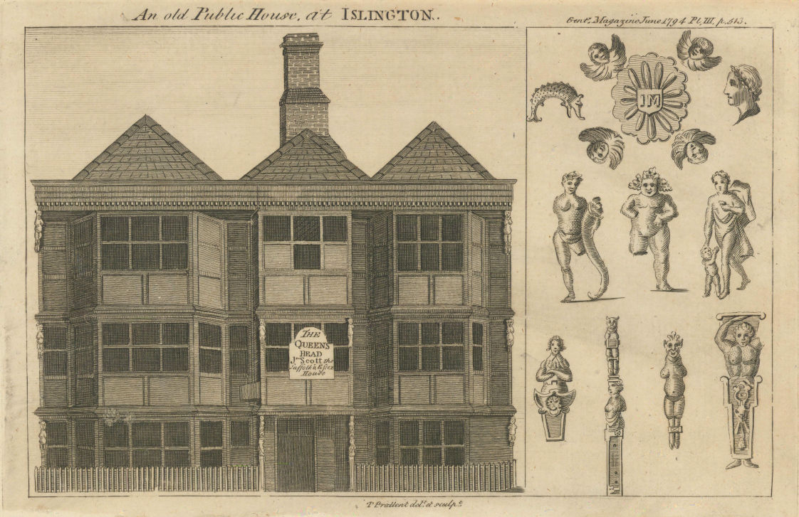 The Queen's Head Pub & carvings, Essex Road, Islington, London 1794 old print