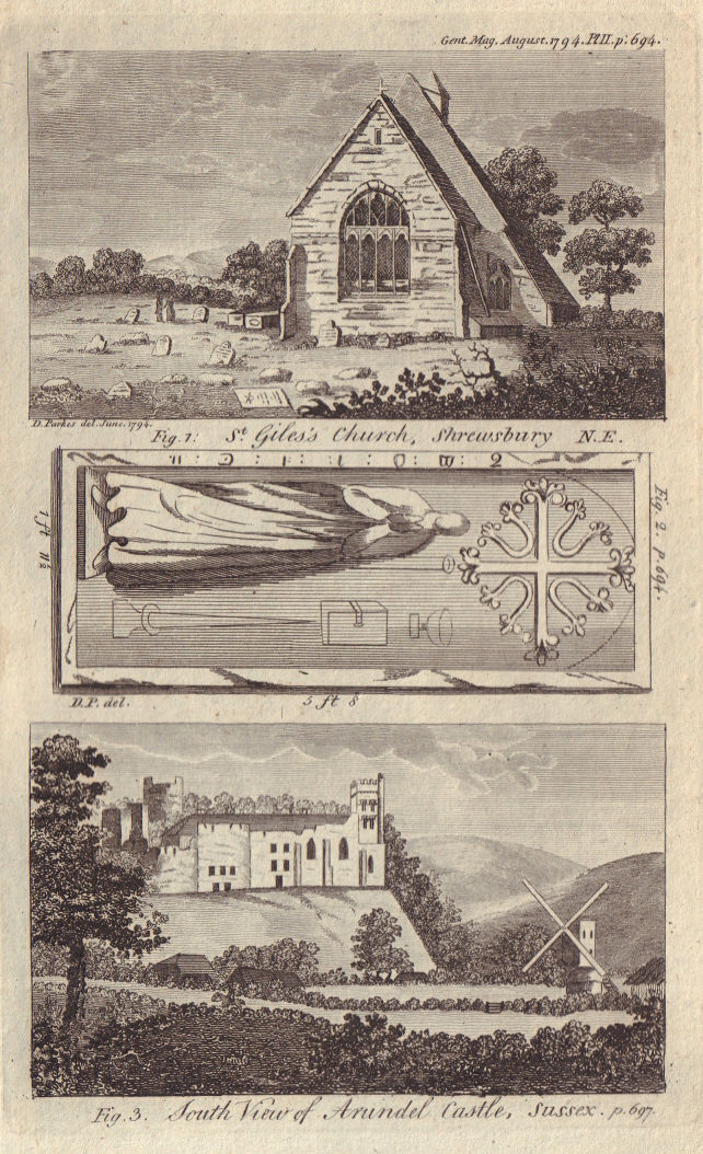 Associate Product St Giles Church & Gravestone Shrewsbury, Shropshire. Arundel Castle, Sussex 1794