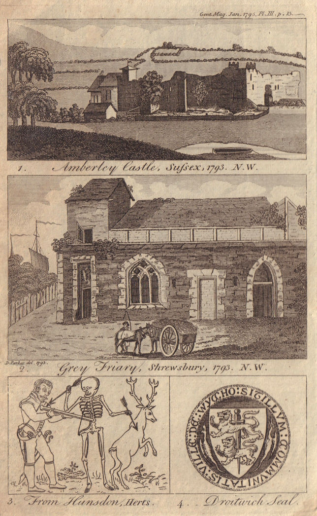 Amberley Castle remains, Sussex. Greyfriars, Shrewsbury, Shropshire 1795 print
