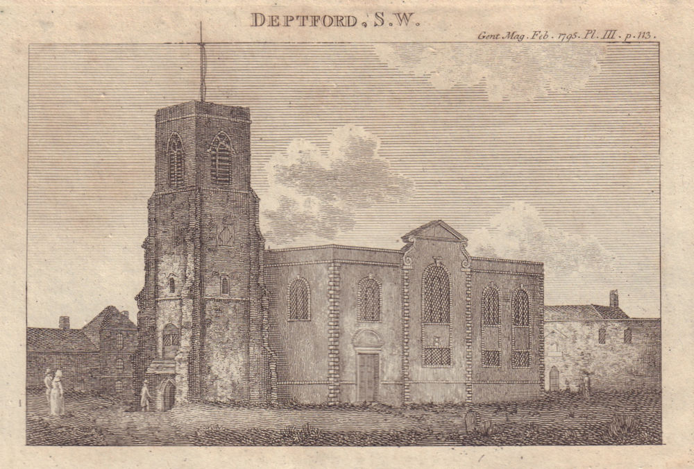 Associate Product View of the Church of St. Nicholas at Deptford, Kent 1795 old antique print