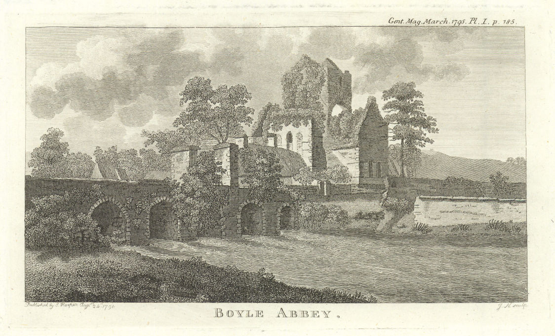 View of the ruins of Boyle Abbey, County Louth, Ireland 1795 old antique print
