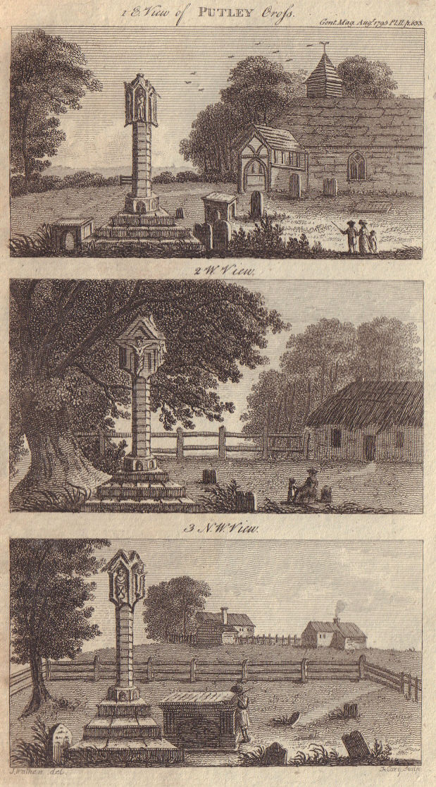 Three views of Putley Cross, in Herefordshire 1795 old antique print picture
