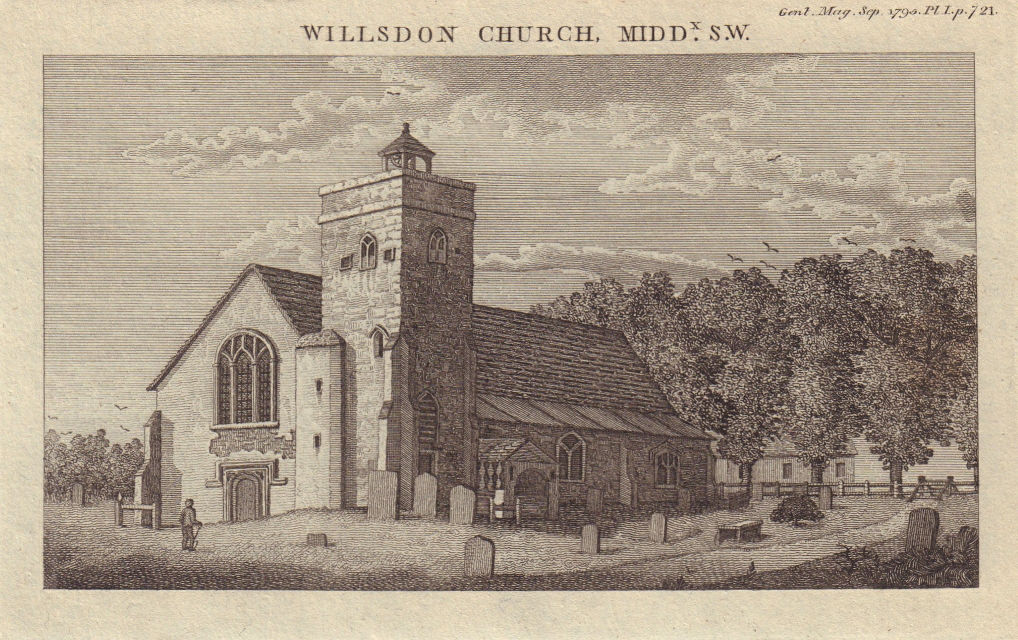 View of Wilsdon Church, Middlesex. St Mary's Willesden Church, London 1795