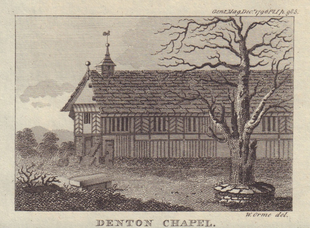 View of St Lawrence Church, Denton, Lancashire. SMALL 1796 old antique print