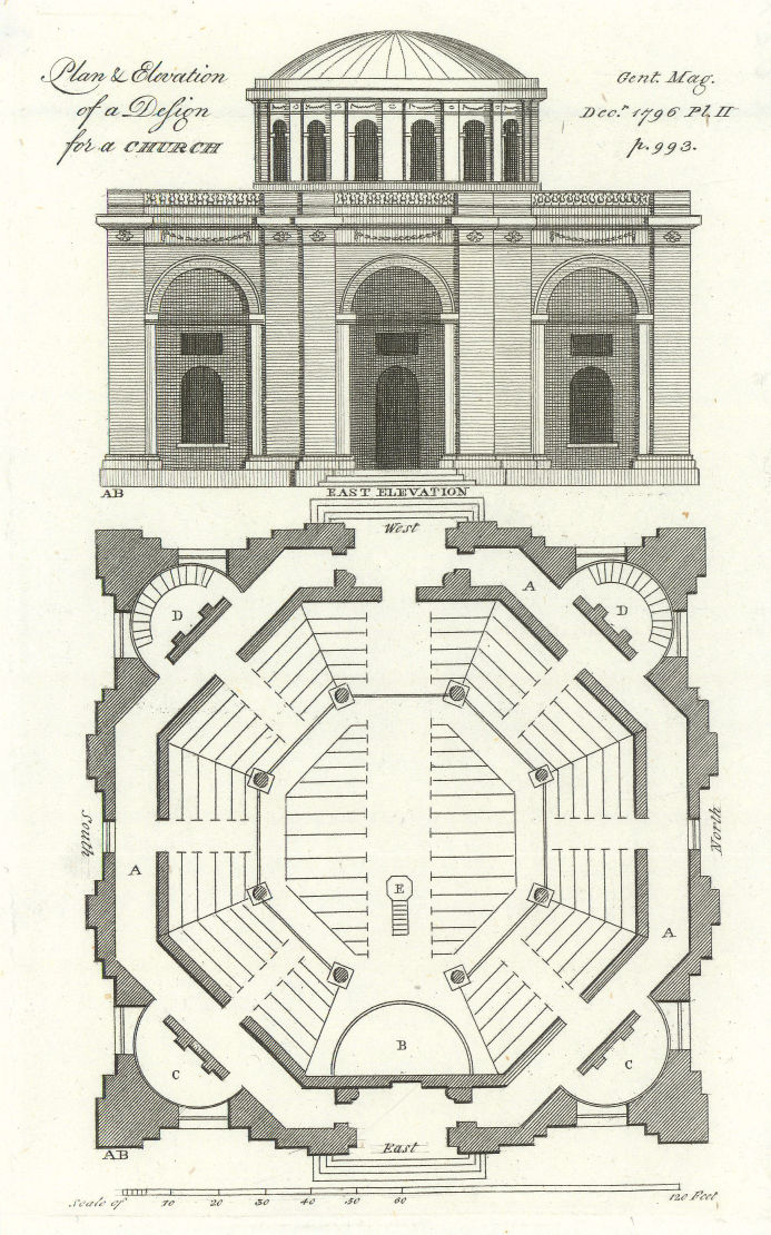 Plan and elevation of a design for an Octogan church chapel at Norwich 1796