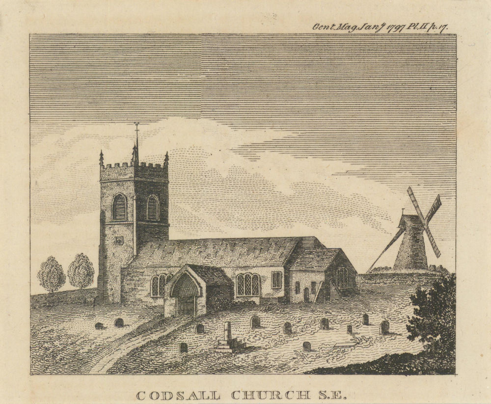 View of St Nicholas Church, Codsall, Staffordshire 1797 old antique print