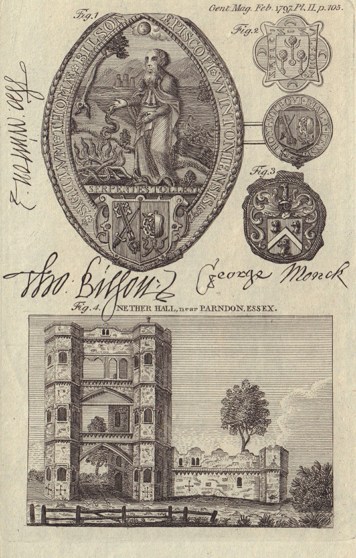 Nether Hall, Roydon Essex. Thomas Bilson Winchester Bishop seal autograph 1797