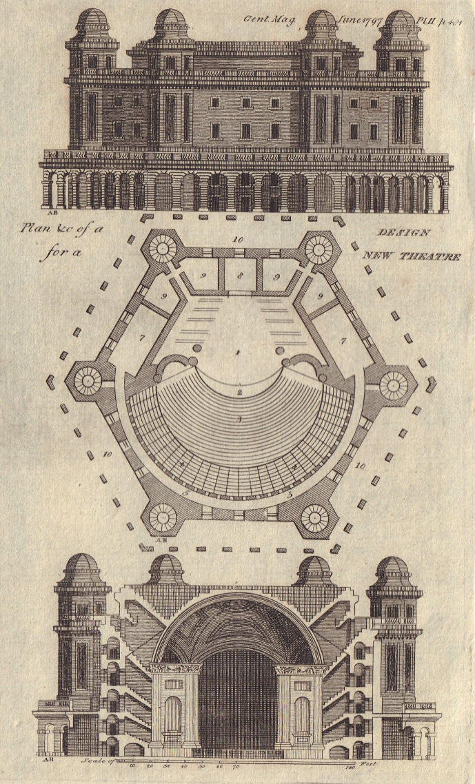 Elevation and plan for a theatre 1797 old antique vintage print picture