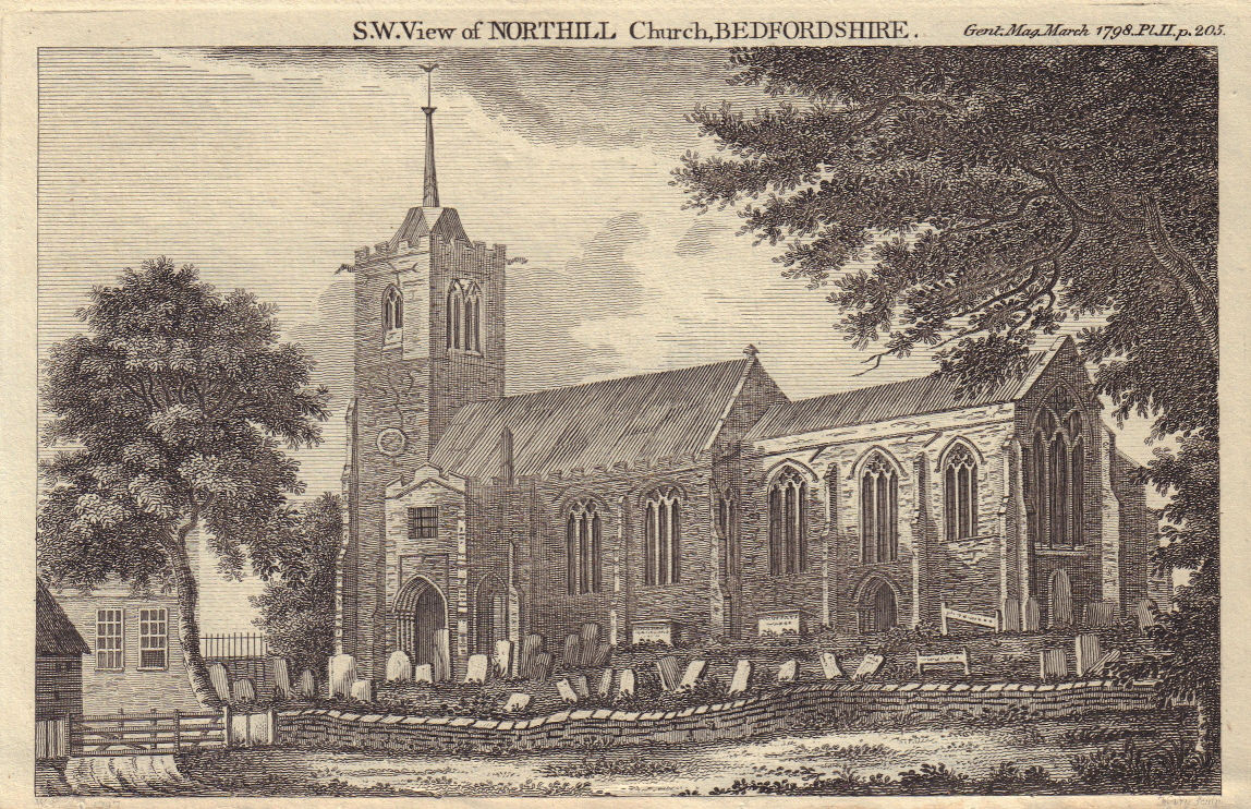 View of St Mary the Virgin Church, Northill, Bedfordshire 1798 old print
