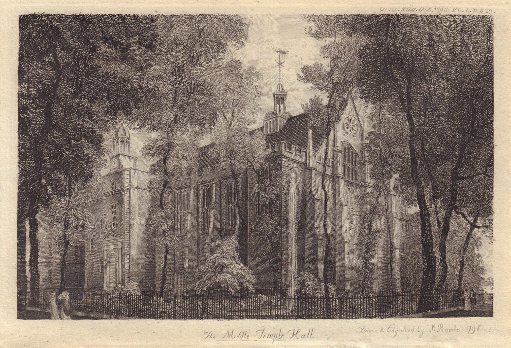 View of The Middle Temple Hall, London 1798 old antique vintage print picture