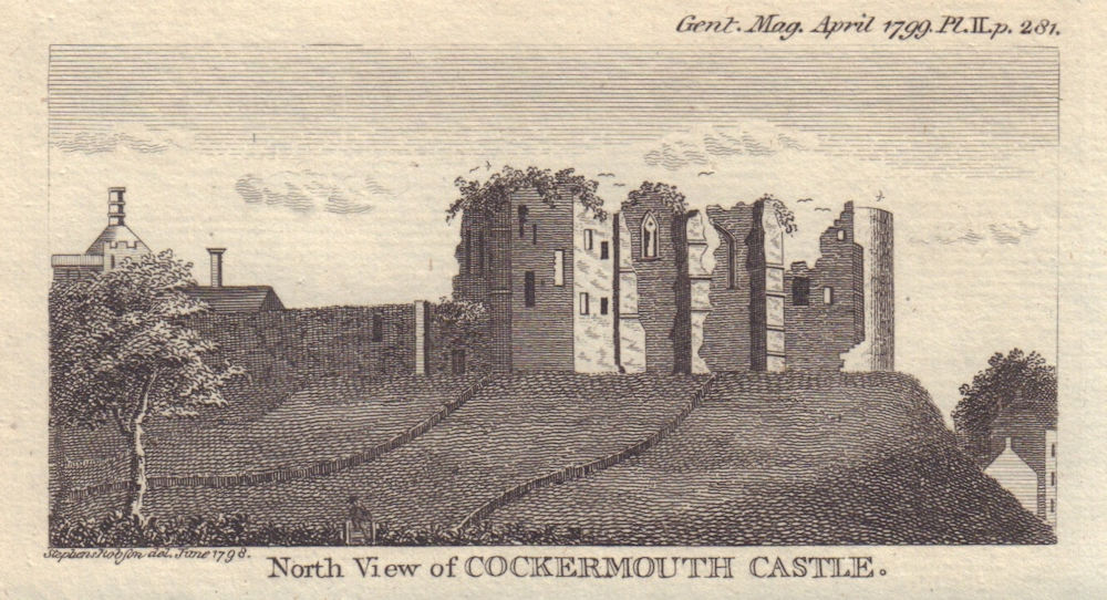 North view of the ruins of Cockermouth Castle, in Cumbria. SMALL 1799 print