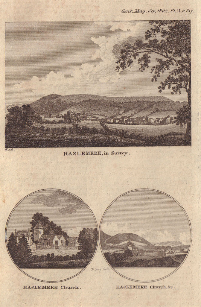Three views of the town and church of Haslemere, in Surrey 1802 old print