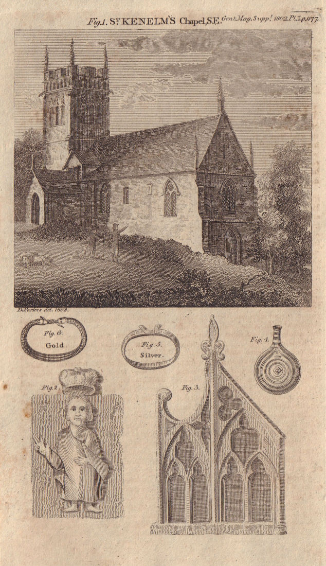 St Kenelm Church, Romsley Worcestershire. Rings. Earthen bottle 1802 old print