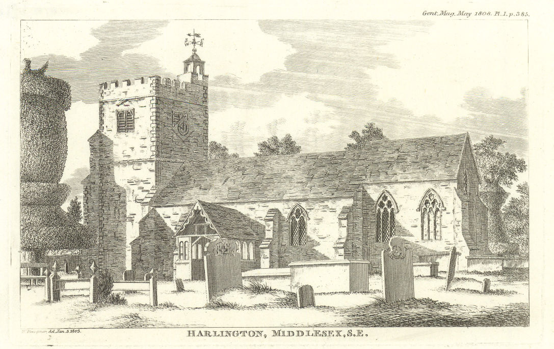 Associate Product View of St Peter & St Paul Church at Harlington, Hayes, London 1808 old print