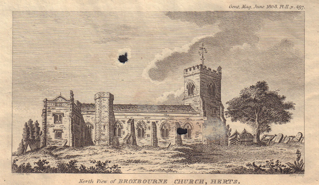 North view of St Augustine's Church in Broxbourne, Hertfordshire 1808 print