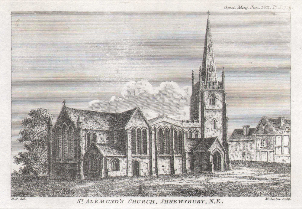 View of St Alkmund's Church at Shrewsbury,  Shropshire 1811 old antique print