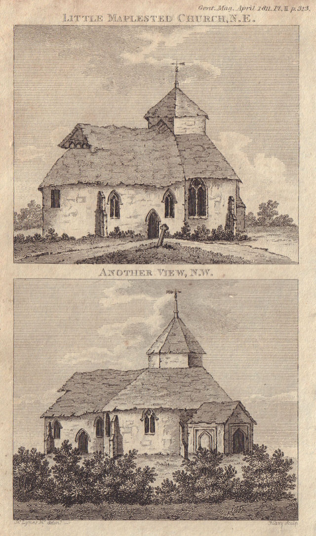 Two views of St John the Baptist Church at Little Maplestead in Essex 1811