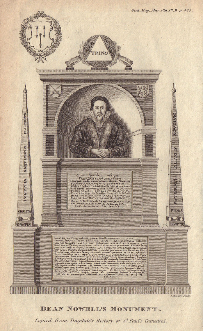 Alexander Nowell monument, Dean of St. Paul's Cathedral, London 1811 old print