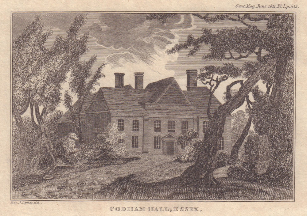 Codham Hall, Shalford, Braintree in Essex 1811 old antique print picture