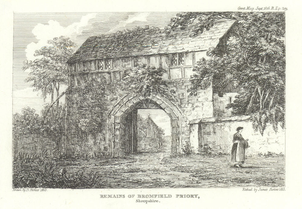Bromfield Priory gatehouse, Shropshire 1816 old antique vintage print picture