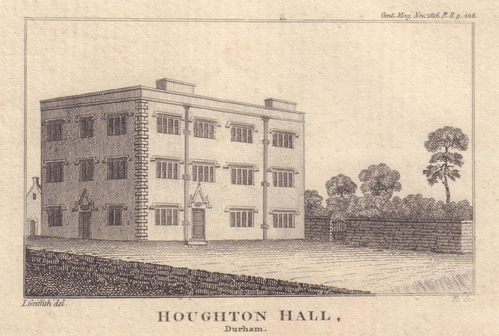 View of Houghton Hall in Houghton-le-Spring, Durham 1816 old antique print
