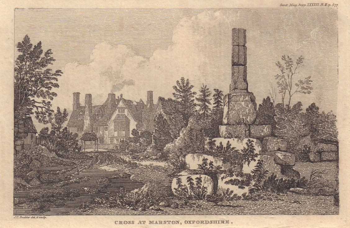 View of a medieval cross in the village of Marston, Oxford, Oxfordshire 1816