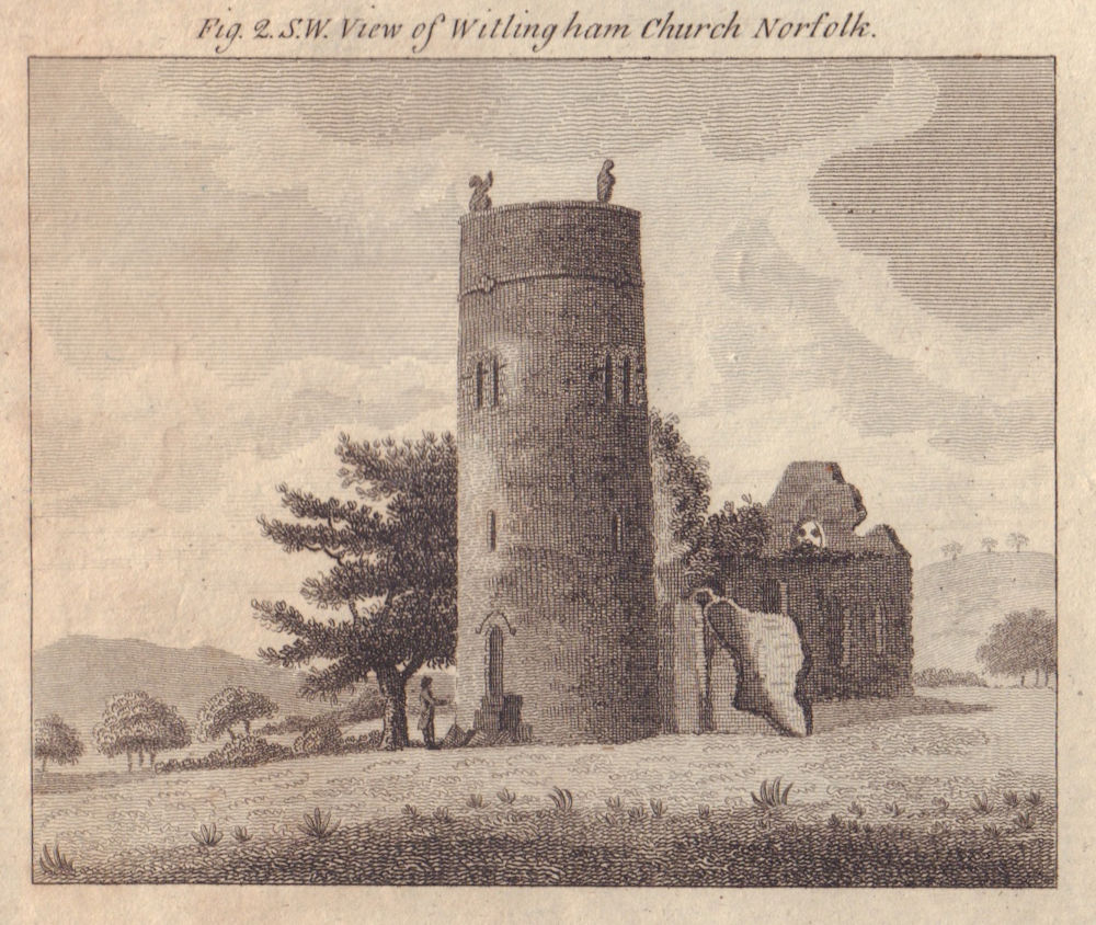 View of St Andrew's Church ruin Whitlingham, Norfolk 1795 old antique print