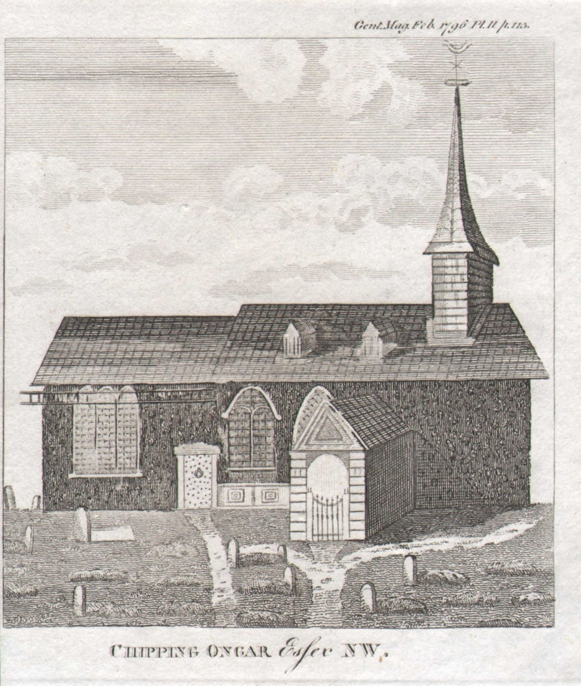 Associate Product View of St Martin's Church, Chipping Ongar, Essex. SMALL 1796 old print