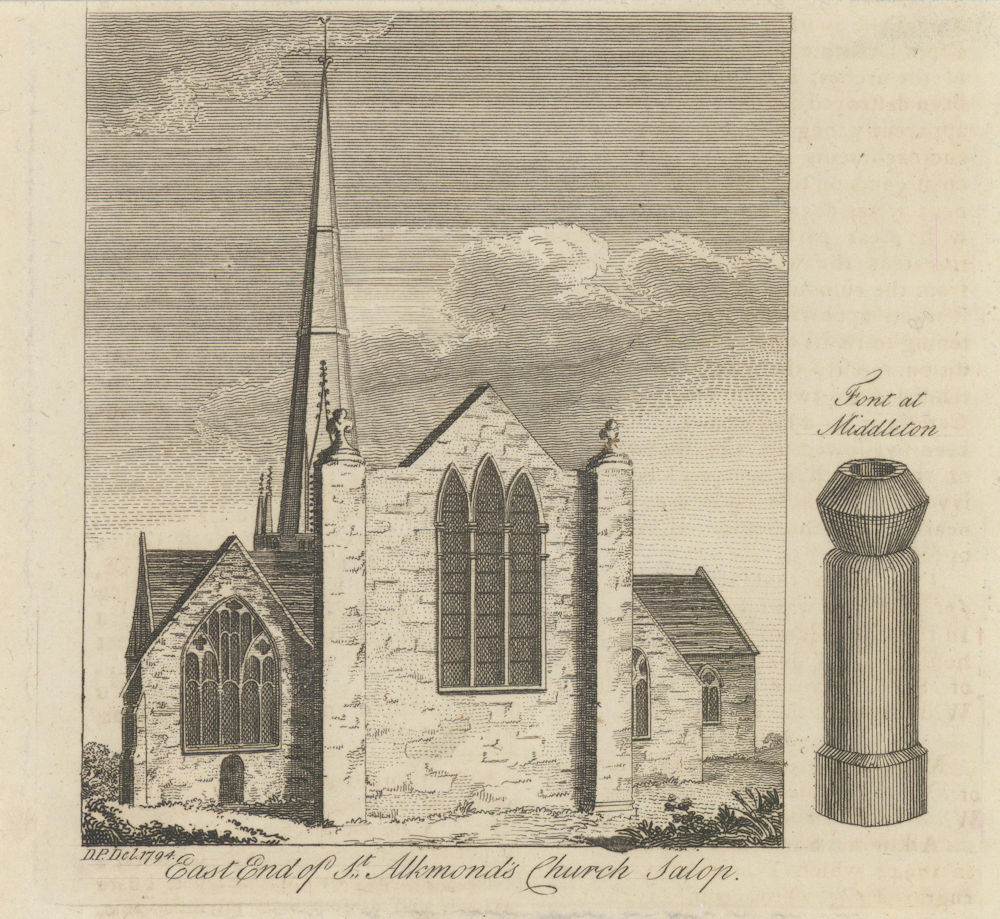 View of St Alkmund's Church Shrewsbury, Shropshire. Circular font 1796 print