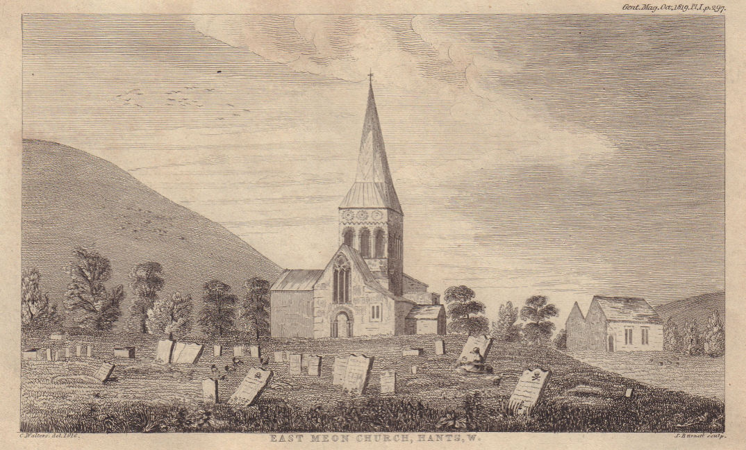West view of All Saints Church, East Meon, Hampshire 1819 old antique print