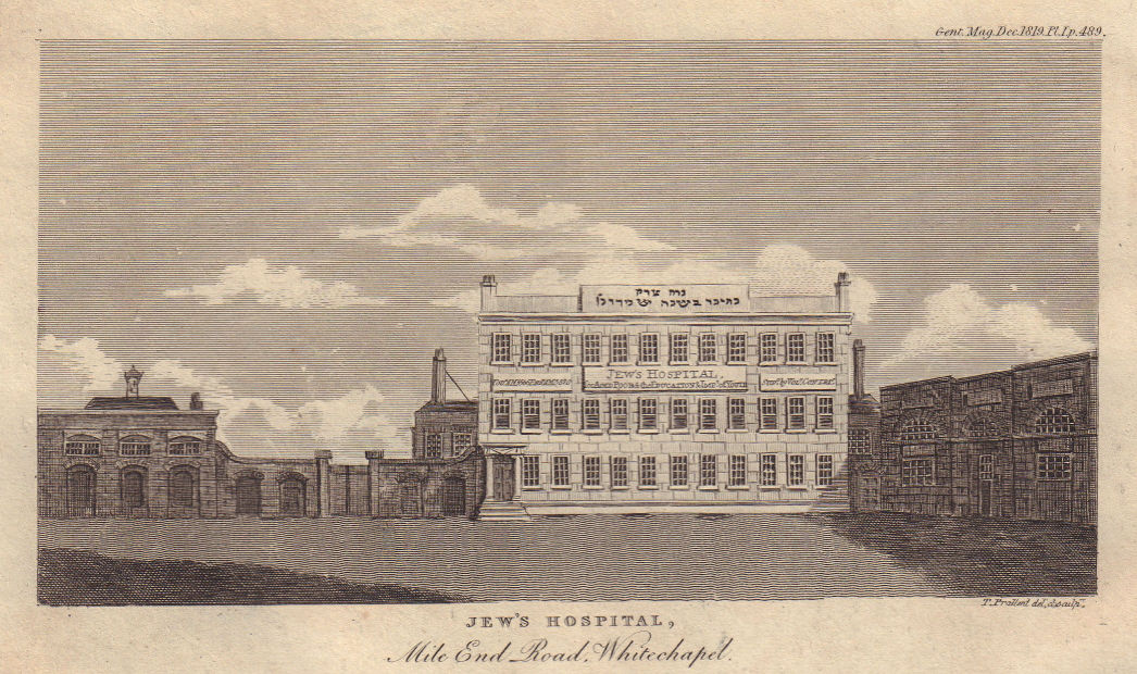 Jew's hospital, Mile End Road, Whitechapel, London 1819 old antique print